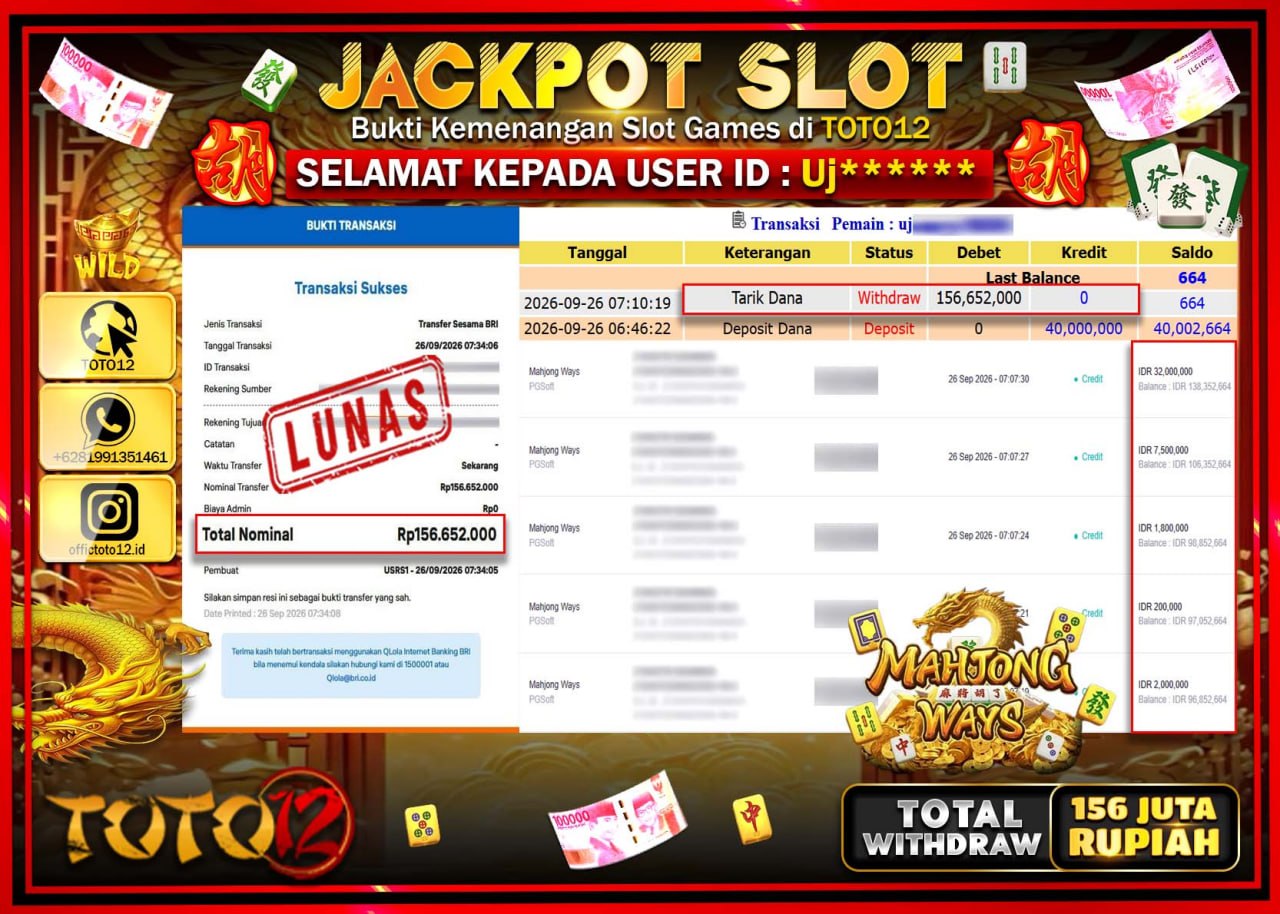 HANYA DI TOTO12 JP PASTI DI BAYAR LUNAS DAN CEPAT!!!!!! JACKPOT SLOT GAME (MAHJONG WAYS) Rp156.652.000!!!!
