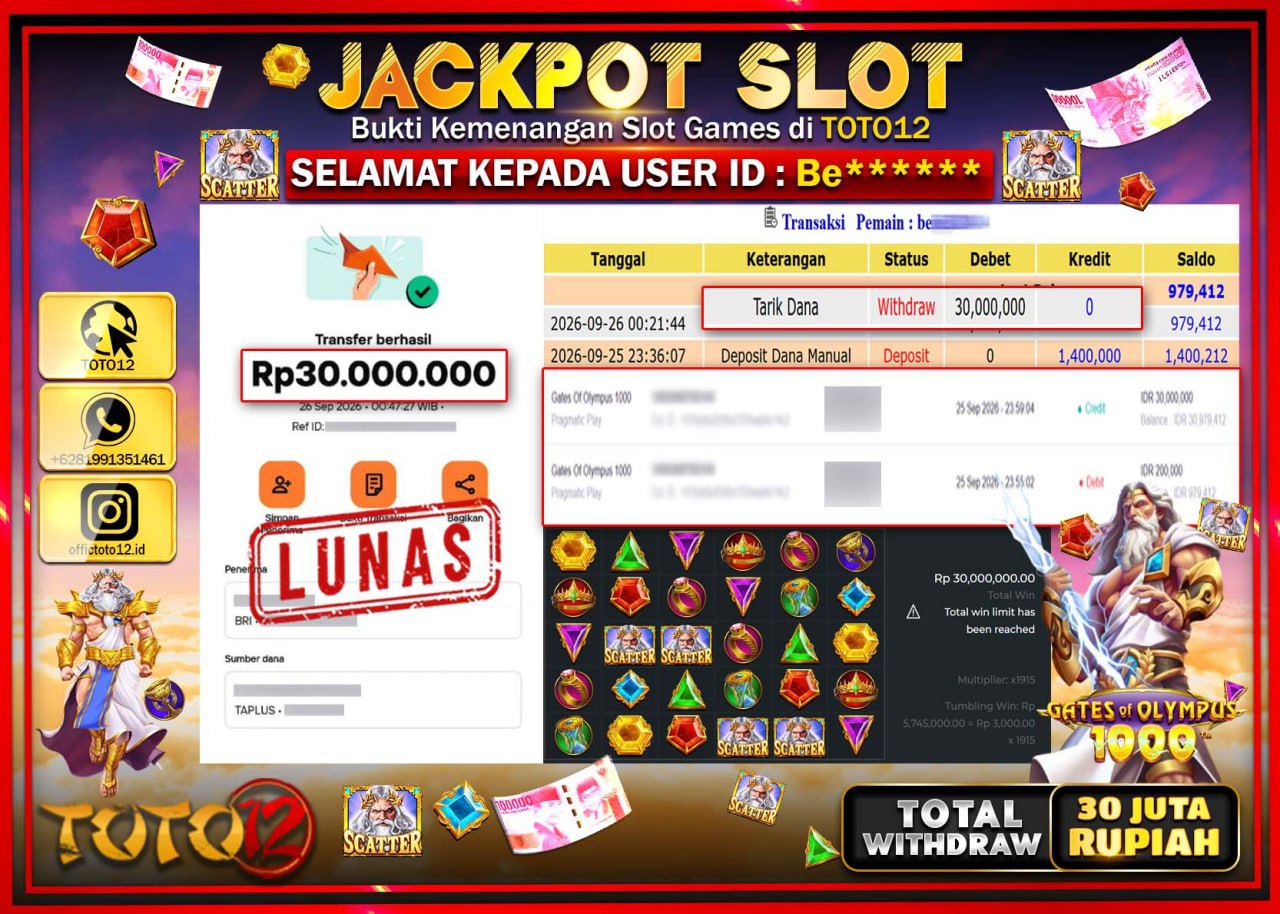 HANYA DI TOTO12 JP PASTI DI BAYAR LUNAS DAN CEPAT!!!!!! JACKPOT SLOT GAME (GATES OF OLYMPUS 1000) Rp30.000.000!!!!