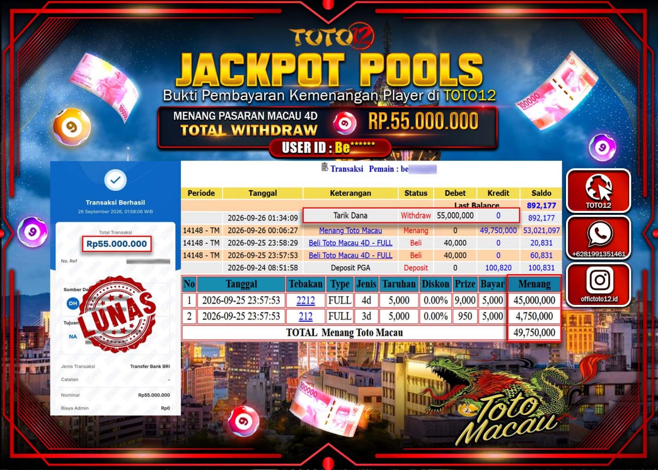 HANYA DI TOTO12 JP PASTI DI BAYAR LUNAS DAN CEPAT!!!!!! JACKPOT POOLS PASARAN (MACAU 4D) Rp55.000.000!!!!