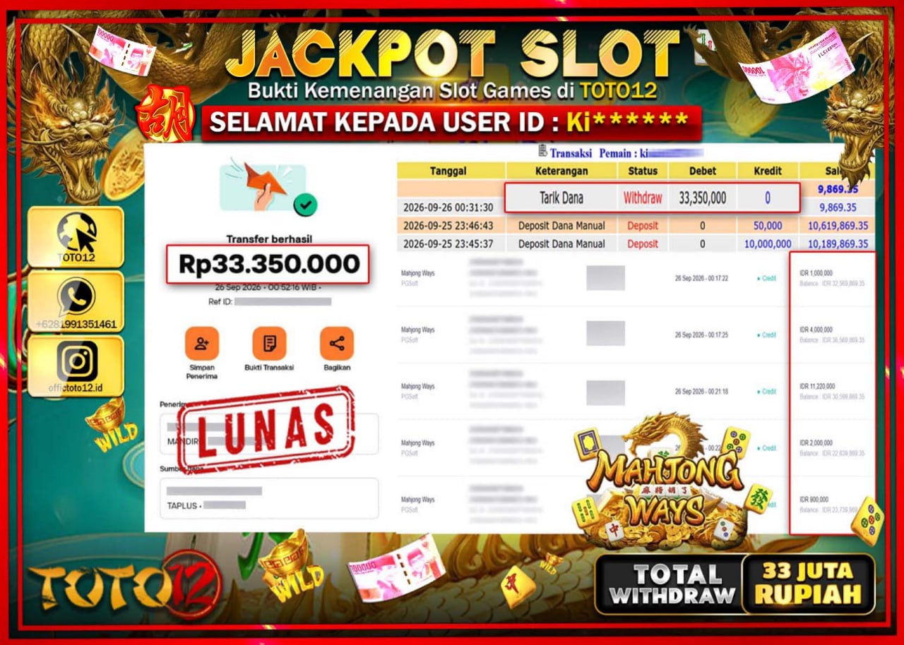 HANYA DI TOTO12 JP PASTI DI BAYAR LUNAS DAN CEPAT!!!!!! JACKPOT SLOT GAME (MAHJONG WAYS) Rp33.350.000!!!!