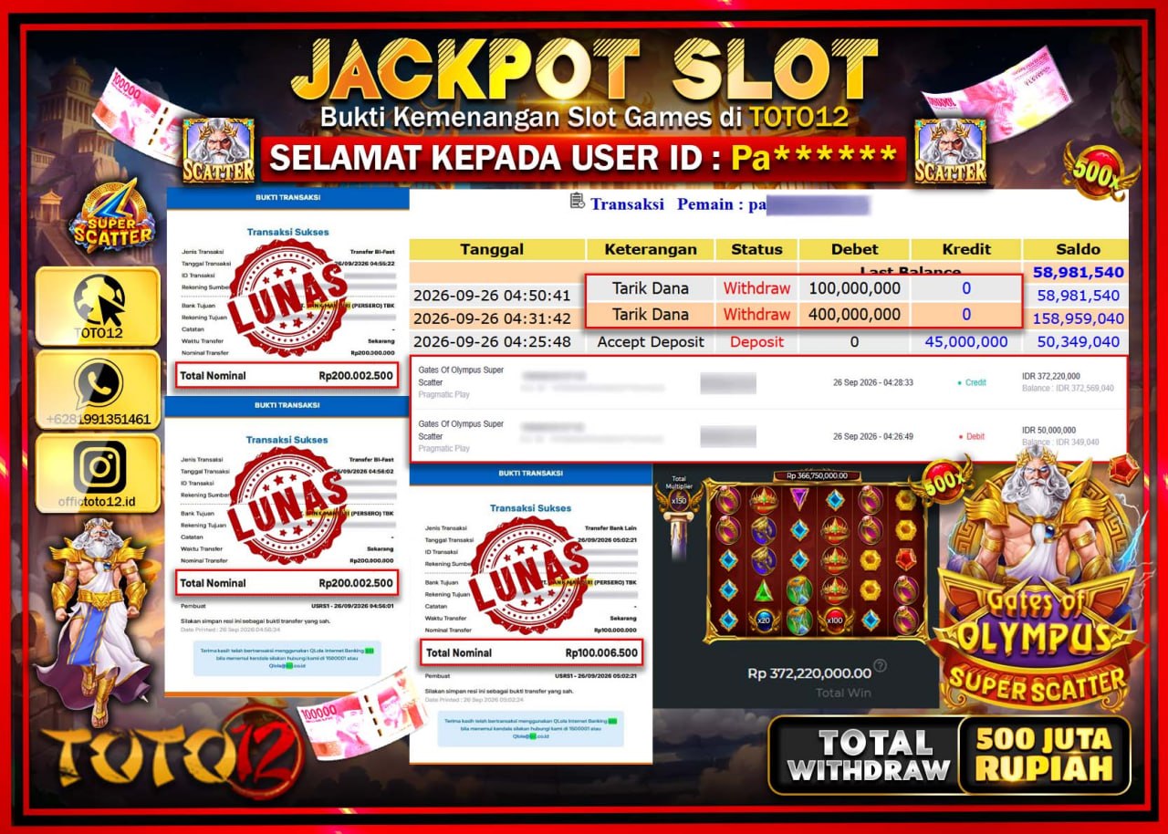 HANYA DI TOTO12 JP PASTI DI BAYAR LUNAS DAN CEPAT!!!!!! JACKPOT SLOT GAME (GATES OF OLYMPUS SUPER SCATTER) Rp500.000.000!!!!