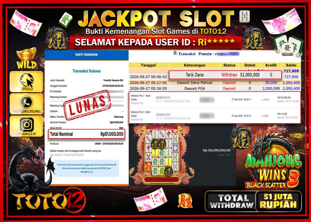 HANYA DI TOTO12 JP PASTI DI BAYAR LUNAS DAN CEPAT!!!!!! JACKPOT SLOT GAME (MAHJONG WINS 3 BLACK SCATTER) Rp50.000.000!!!!