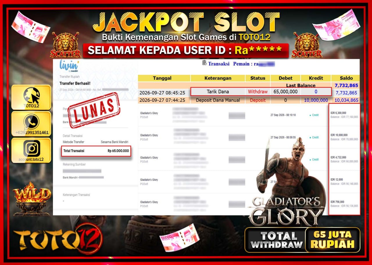 HANYA DI TOTO12 JP PASTI DI BAYAR LUNAS DAN CEPAT!!!!!! JACKPOT SLOT GAME (GLADIATORS GLORY) Rp65.000.000!!!!