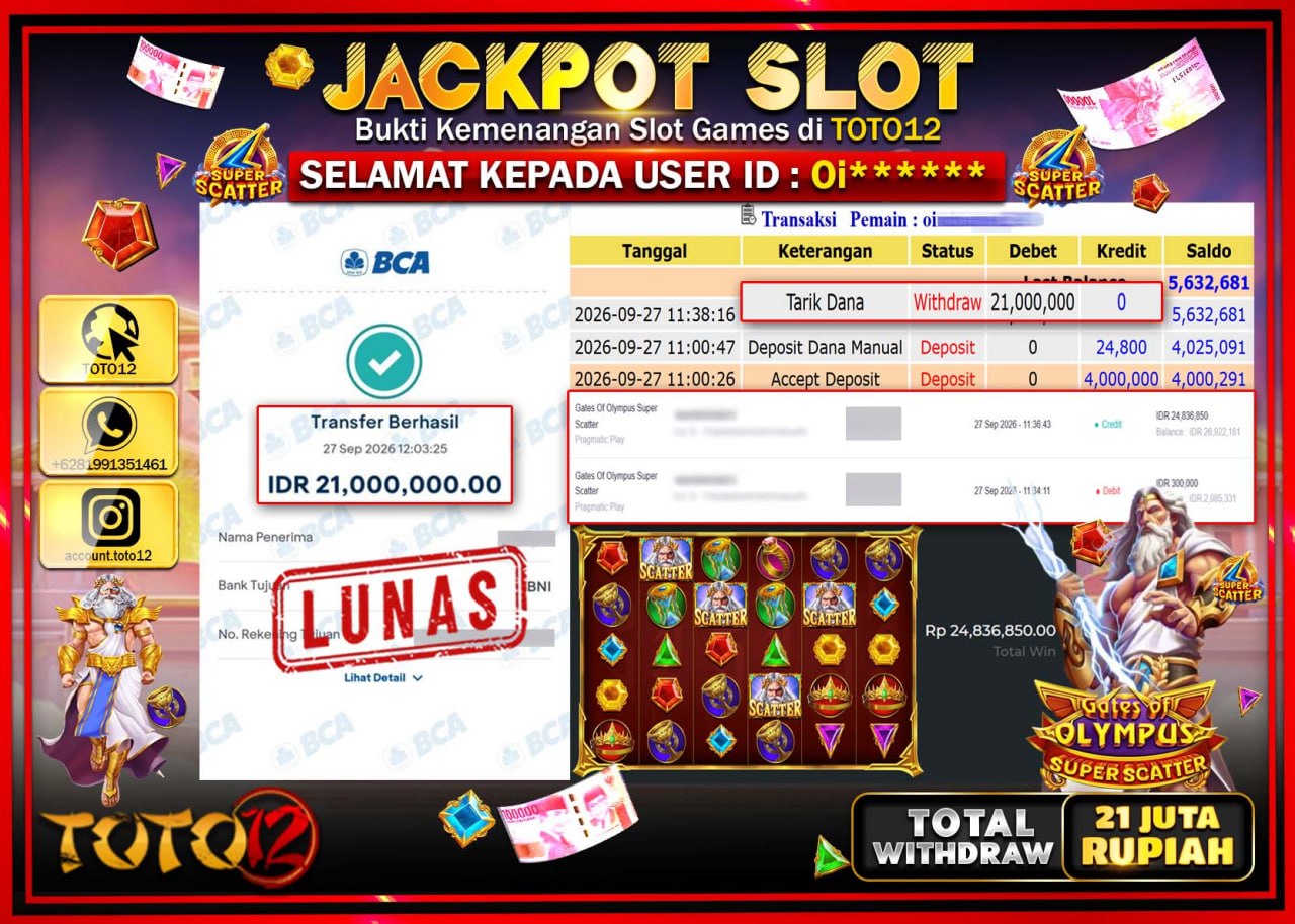 HANYA DI TOTO12 JP PASTI DI BAYAR LUNAS DAN CEPAT!!!!!! JACKPOT SLOT GAME (GATES OF OLYMPUS SUPER SCATTER) Rp21.000.000!!!!