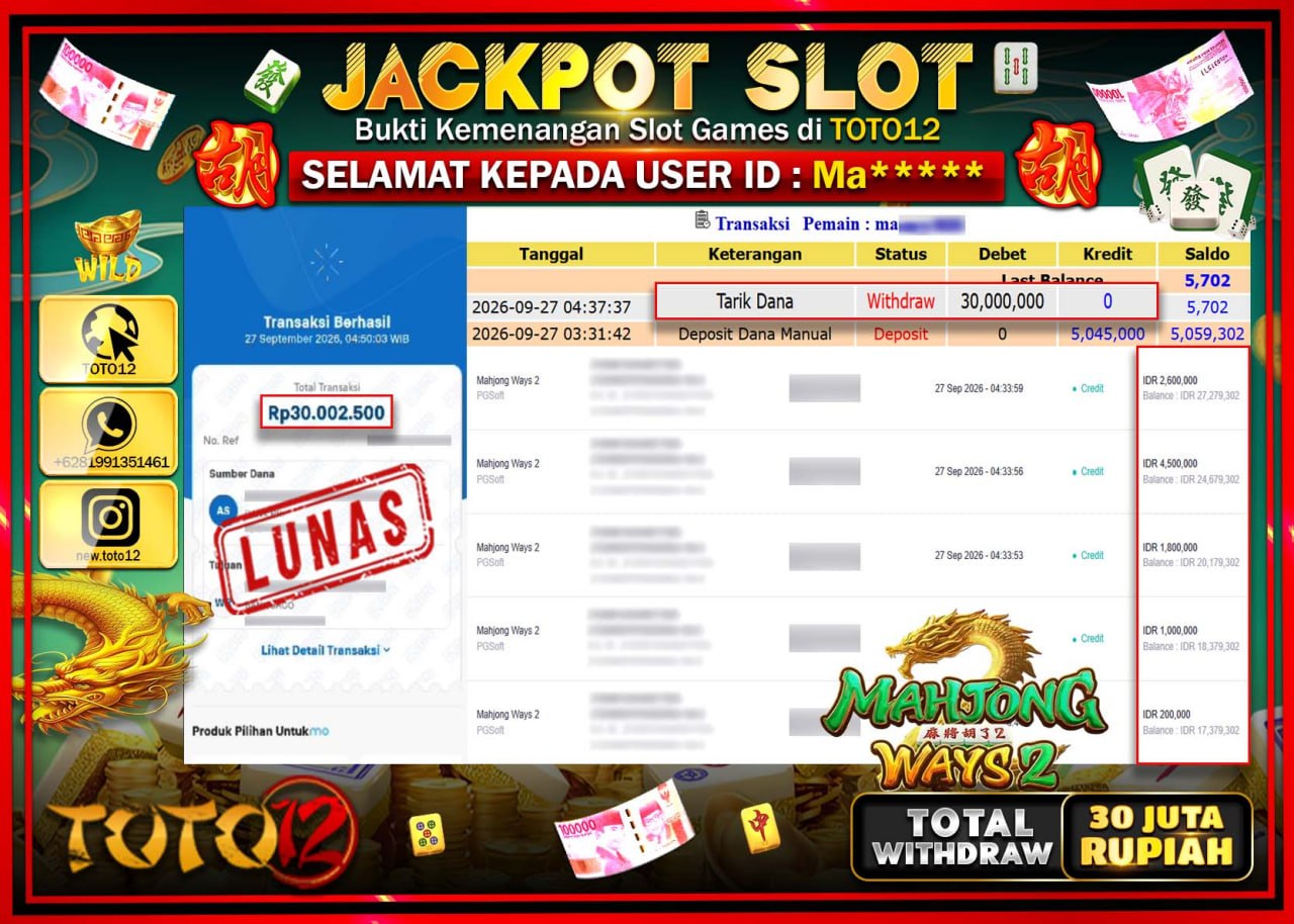 HANYA DI TOTO12 JP PASTI DI BAYAR LUNAS DAN CEPAT!!!!!! JACKPOT SLOT GAME (MAHJONG WAYS 2) Rp30.000.000!!!!