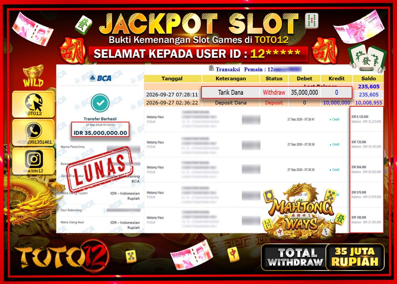 HANYA DI TOTO12 JP PASTI DI BAYAR LUNAS DAN CEPAT!!!!!! JACKPOT SLOT GAME (MAHJONG WAYS) Rp35.000.000!!!!