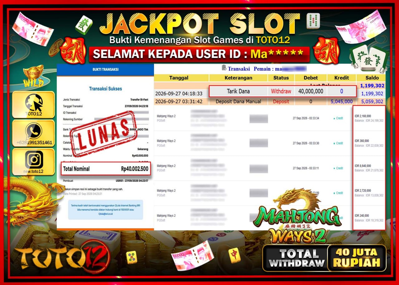 HANYA DI TOTO12 JP PASTI DI BAYAR LUNAS DAN CEPAT!!!!!! JACKPOT SLOT GAME (MAHJONG WAYS 2) Rp40.000.000!!!!