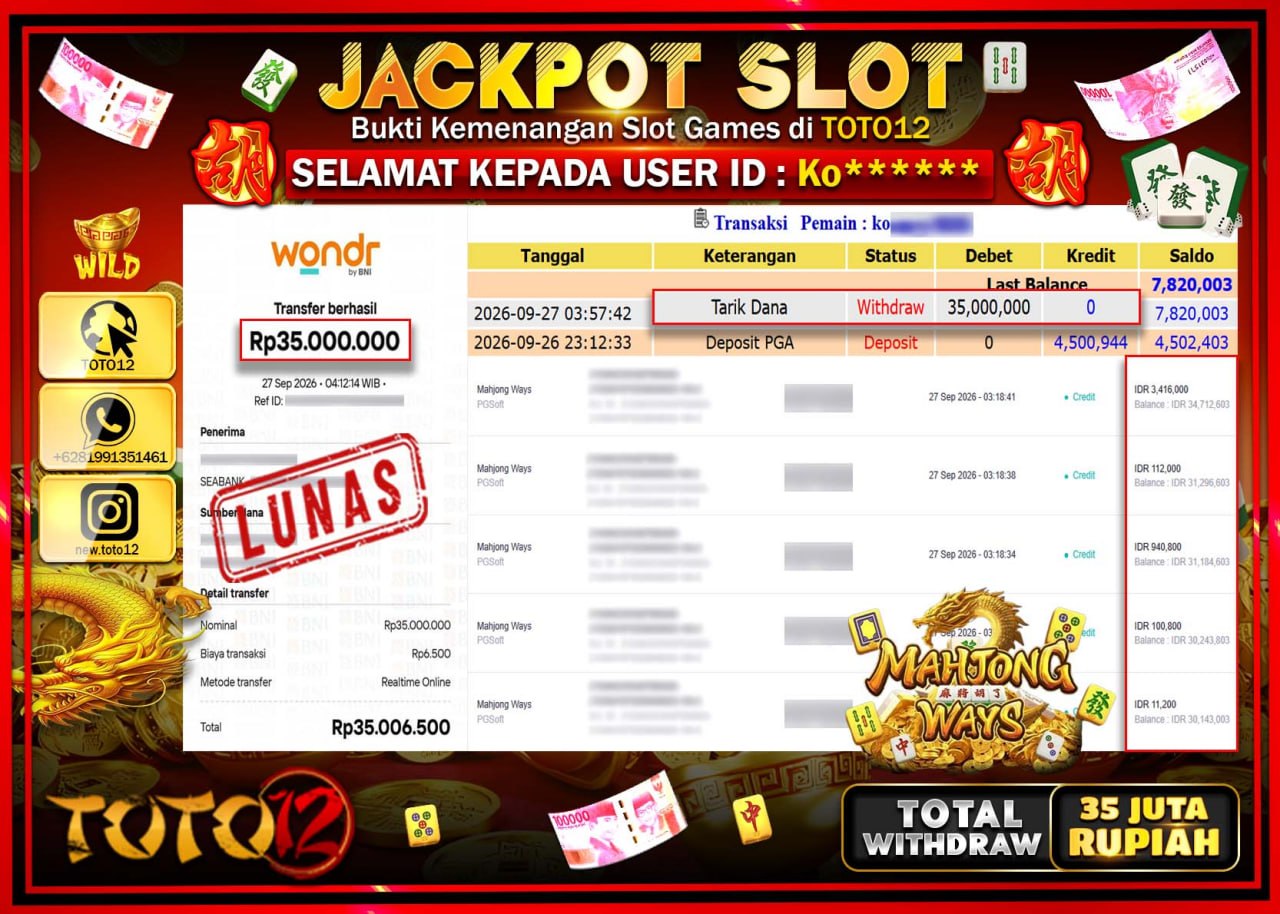 HANYA DI TOTO12 JP PASTI DI BAYAR LUNAS DAN CEPAT!!!!!! JACKPOT SLOT GAME (MAHJONG WAYS) Rp35.000.000!!!!