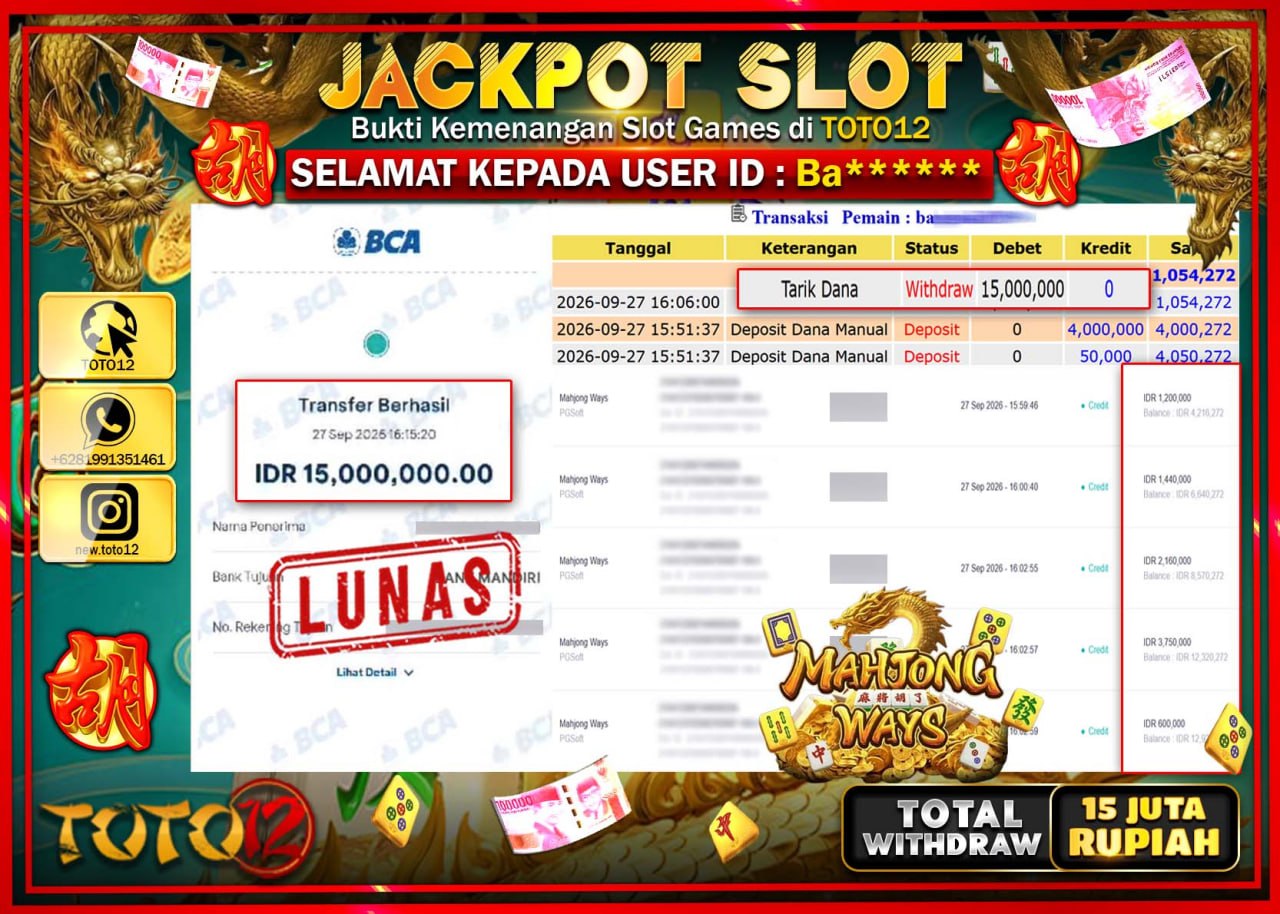 HANYA DI TOTO12 JP PASTI DI BAYAR LUNAS DAN CEPAT!!!!!! JACKPOT SLOT GAME (MAHJONG WAYS) Rp15.000.000!!!!