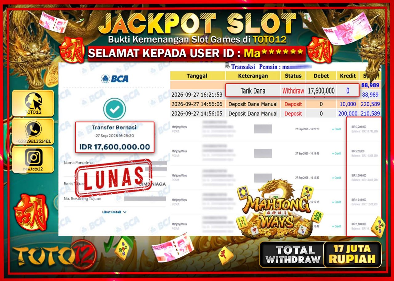 HANYA DI TOTO12 JP PASTI DI BAYAR LUNAS DAN CEPAT!!!!!! JACKPOT SLOT GAME (MAHJONG WAYS) Rp17.600.000!!!!
