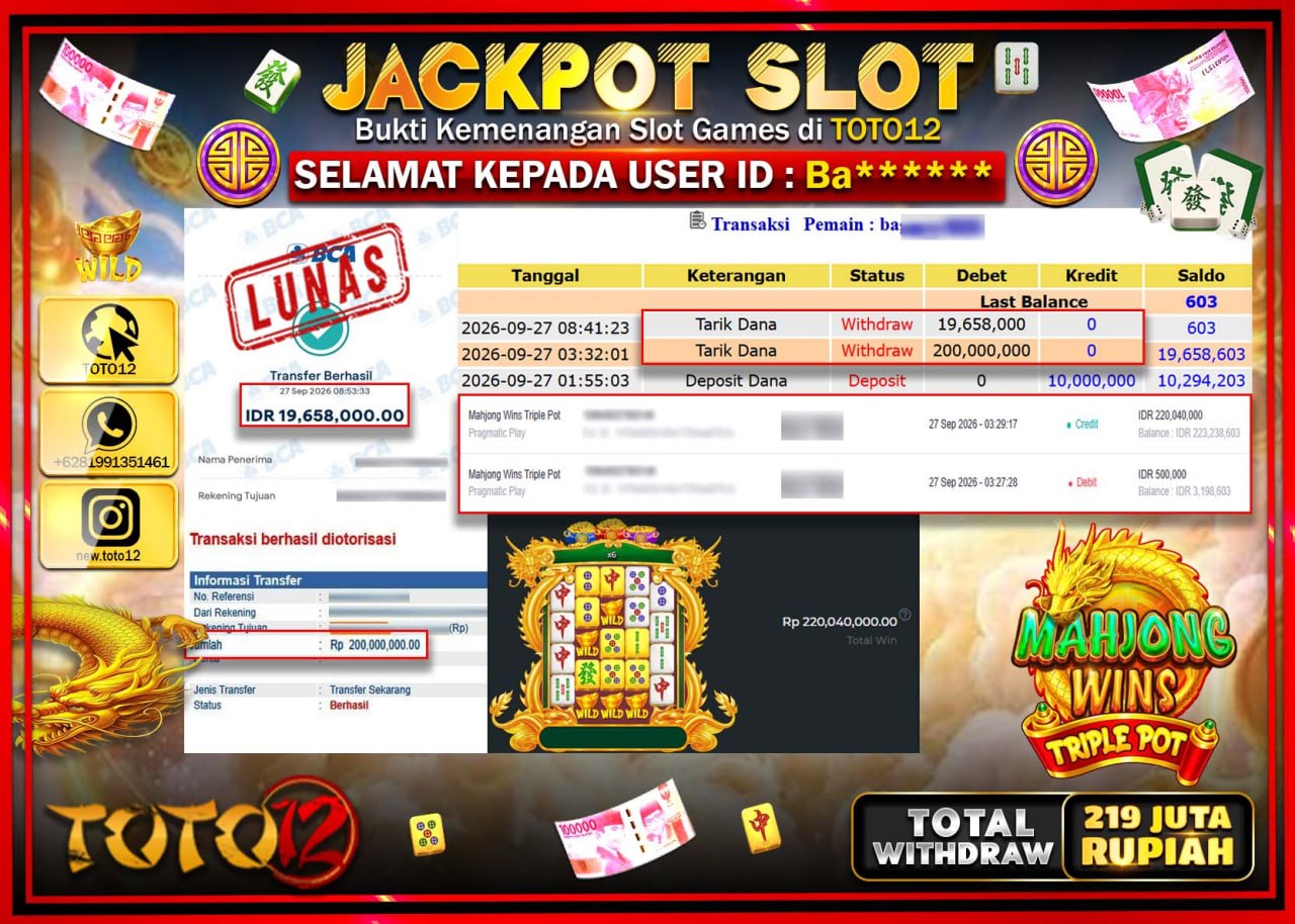 HANYA DI TOTO12 JP PASTI DI BAYAR LUNAS DAN CEPAT!!!!!! JACKPOT SLOT GAME (MAHJONG WINS TRIPLE POT) Rp219.658.000!!!!