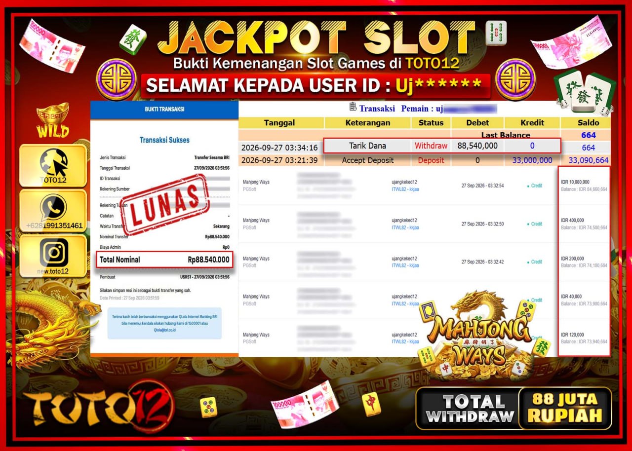 HANYA DI TOTO12 JP PASTI DI BAYAR LUNAS DAN CEPAT!!!!!! JACKPOT SLOT GAME (MAHJONG WAYS) Rp88.540.000!!!!