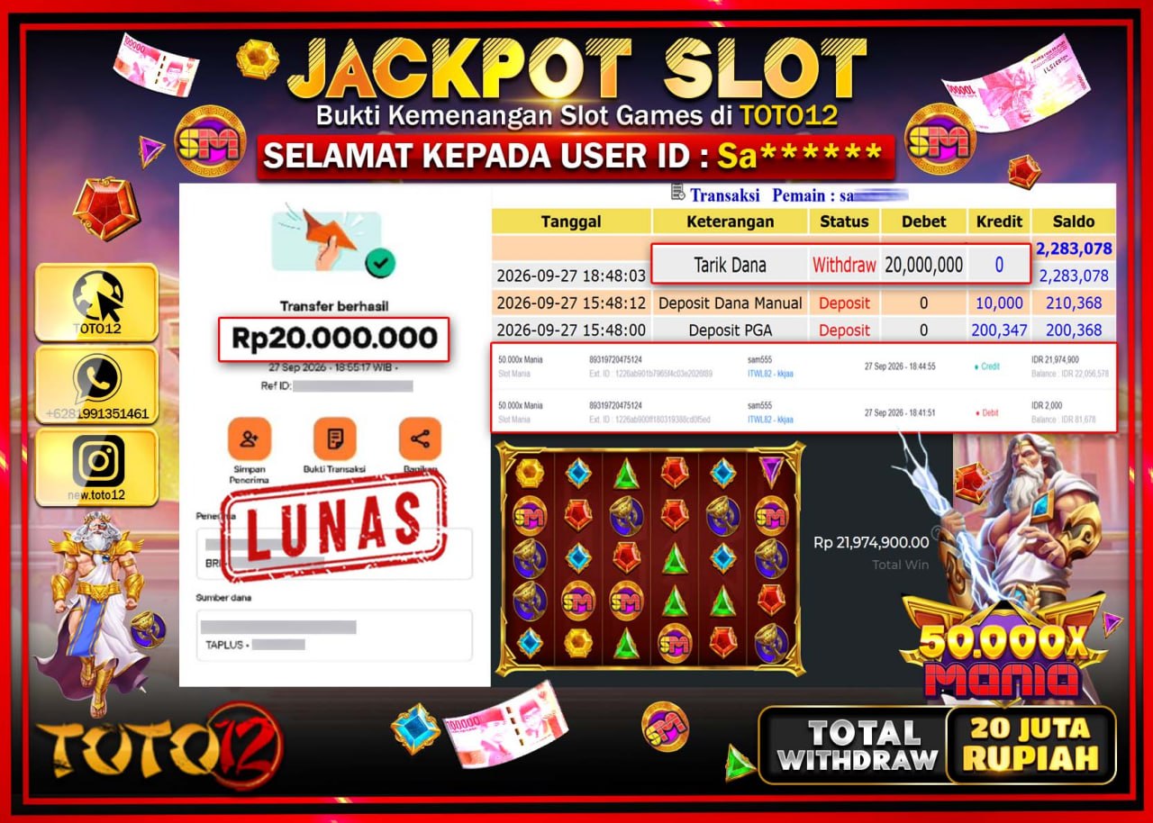HANYA DI TOTO12 JP PASTI DI BAYAR LUNAS DAN CEPAT!!!!!! JACKPOT SLOT GAME (50.000 X MANIA) Rp20.000.000!!!!