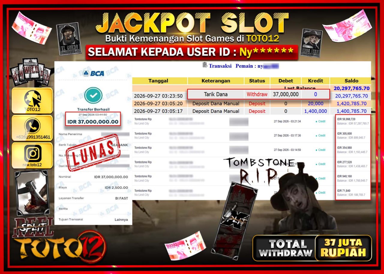 HANYA DI TOTO12 JP PASTI DI BAYAR LUNAS DAN CEPAT!!!!!! JACKPOT SLOT GAME (TOMBSTONE RIP) Rp37.000.000!!!!