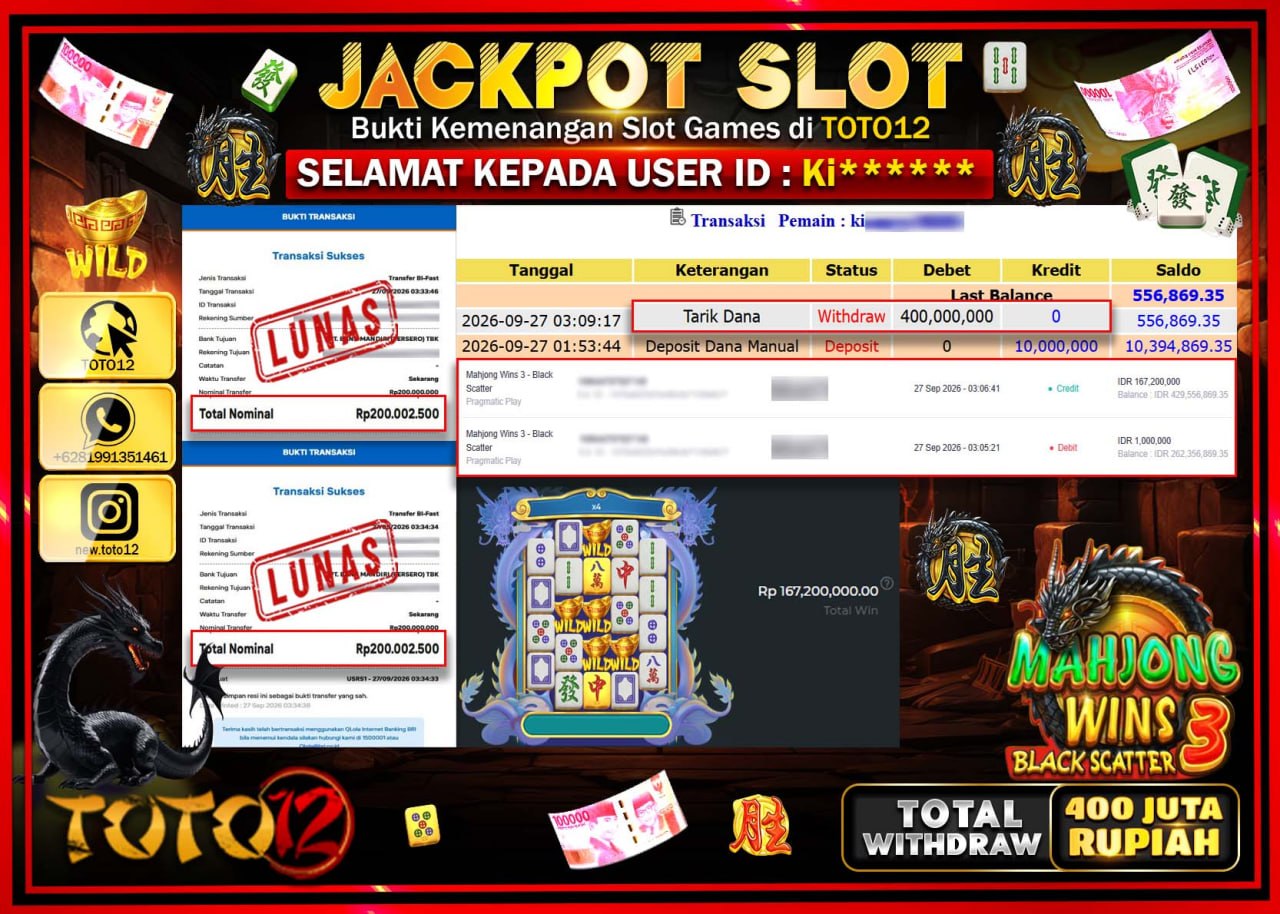 HANYA DI TOTO12 JP PASTI DI BAYAR LUNAS DAN CEPAT!!!!!! JACKPOT SLOT GAME (MAHJONG WINS 3 BLACK SCATTER) Rp400.000.000!!!!