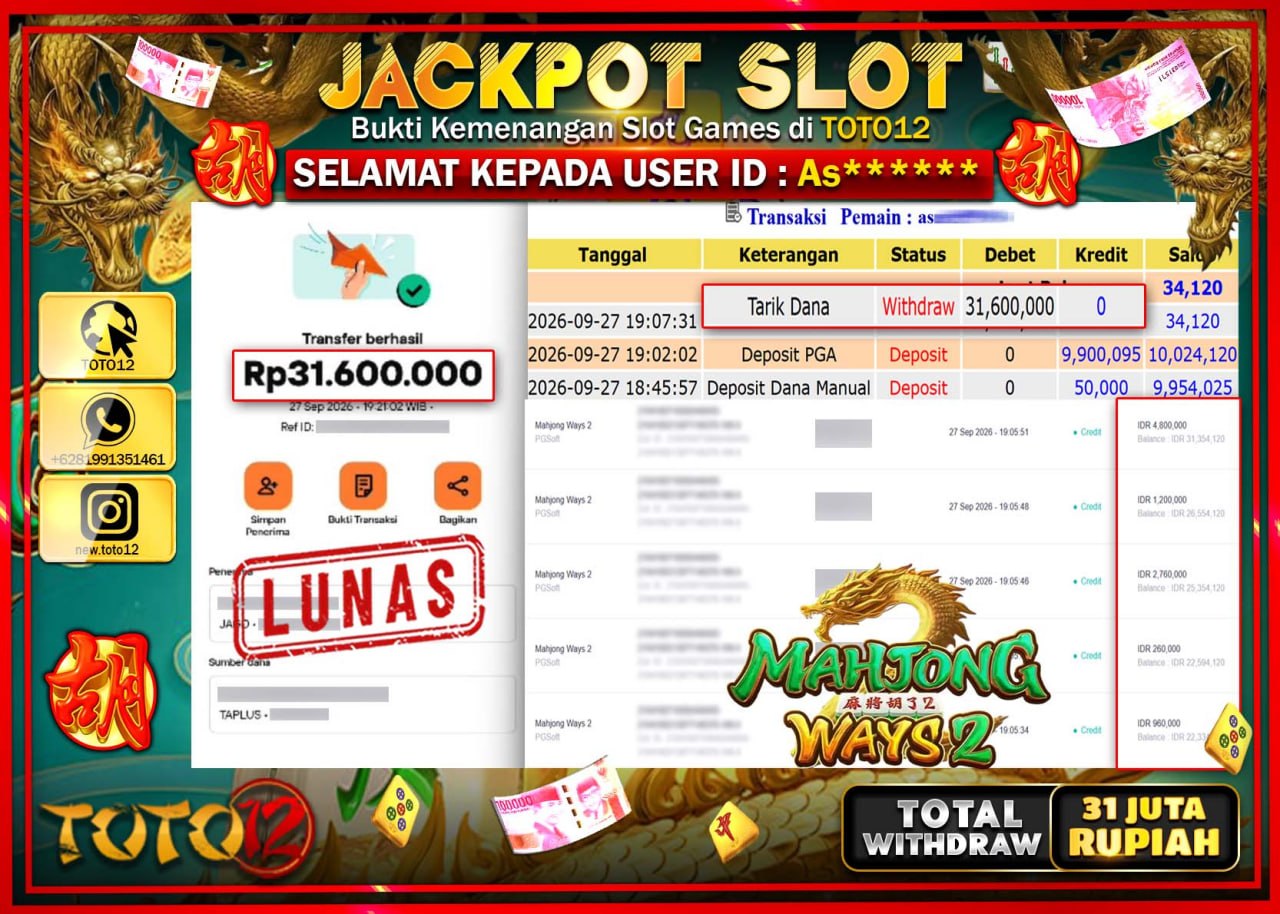 HANYA DI TOTO12 JP PASTI DI BAYAR LUNAS DAN CEPAT!!!!!! JACKPOT SLOT GAME (MAHJONG WAYS 2) Rp31.600.000!!!!