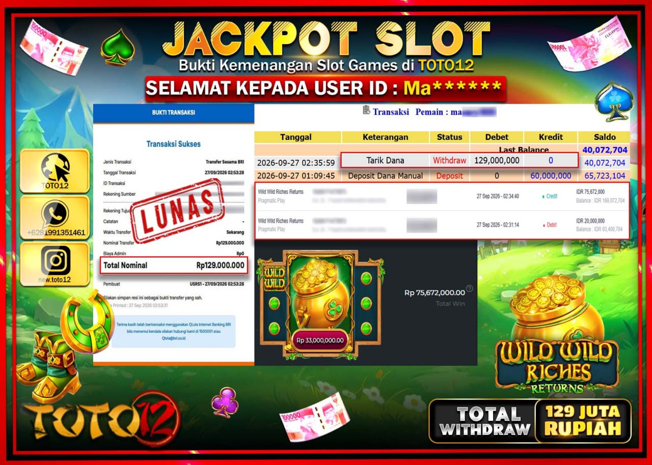 HANYA DI TOTO12 JP PASTI DI BAYAR LUNAS DAN CEPAT!!!!!! JACKPOT SLOT GAME (WILD WILD RICHES RETURNS) Rp129.000.000!!!!