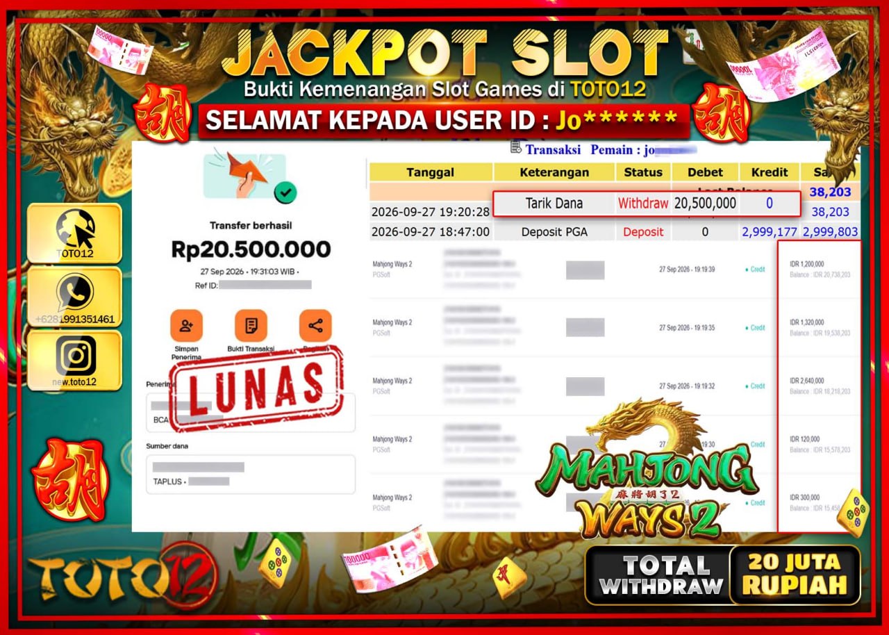 HANYA DI TOTO12 JP PASTI DI BAYAR LUNAS DAN CEPAT!!!!!! JACKPOT SLOT GAME (MAHJONG WAYS 2) Rp20.500.000!!!!