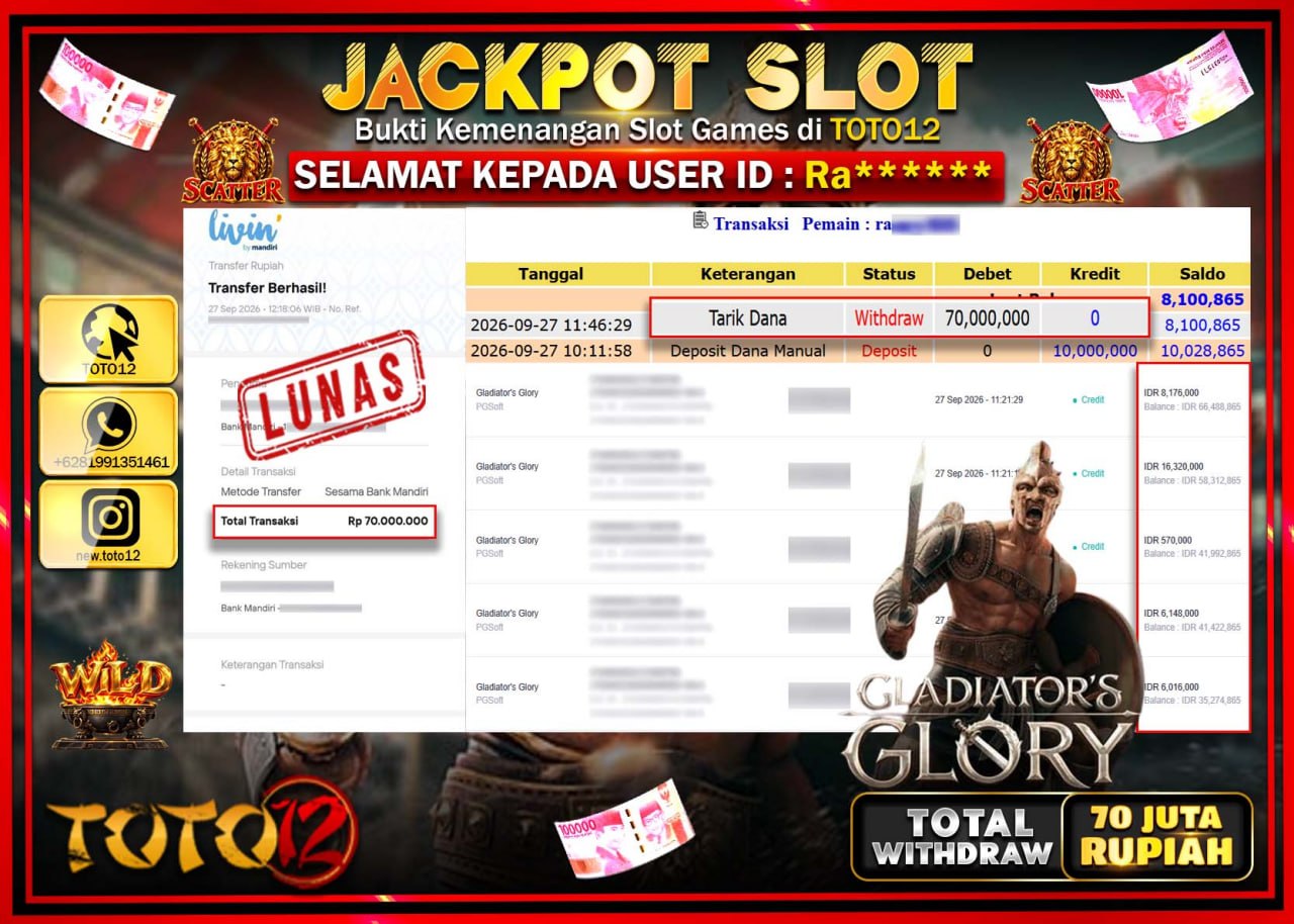 HANYA DI TOTO12 JP PASTI DI BAYAR LUNAS DAN CEPAT!!!!!! JACKPOT SLOT GAME (GLADIATORS GLORY) Rp70.000.000!!!!