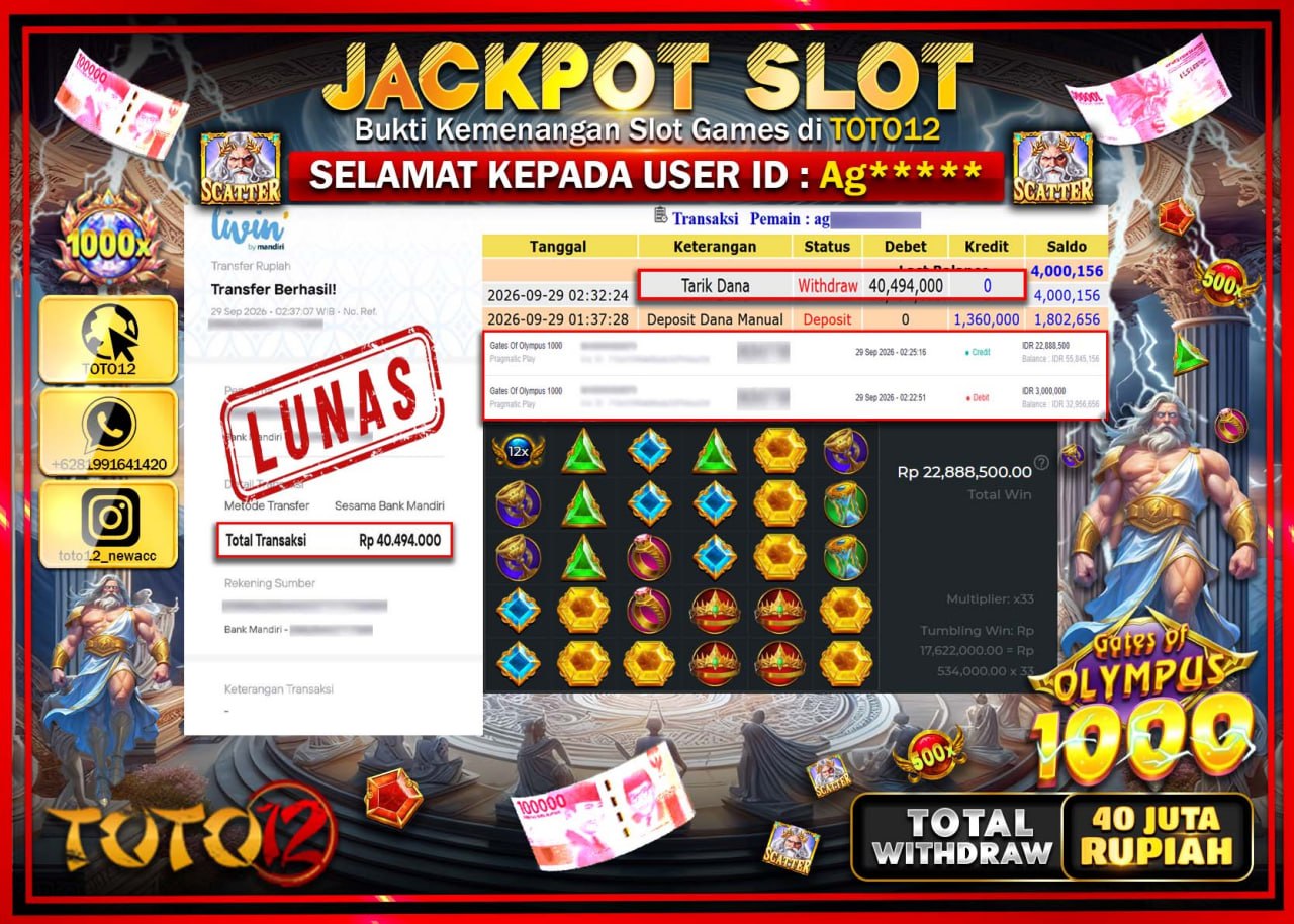 HANYA DI TOTO12 JP PASTI DI BAYAR LUNAS DAN CEPAT!!!!!! JACKPOT SLOT GAME (GATES OF OLYMPUS 1000) Rp40.494.000!!!!