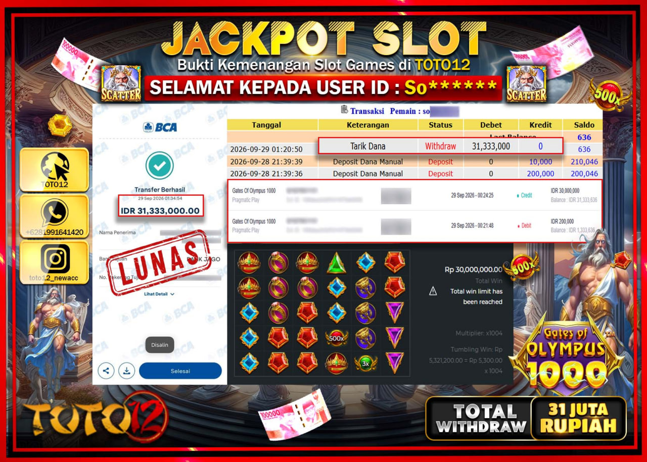 HANYA DI TOTO12 JP PASTI DI BAYAR LUNAS DAN CEPAT!!!!!! JACKPOT SLOT GAME (GATES OF OLYMPUS 1000) Rp31.333.000!!!!