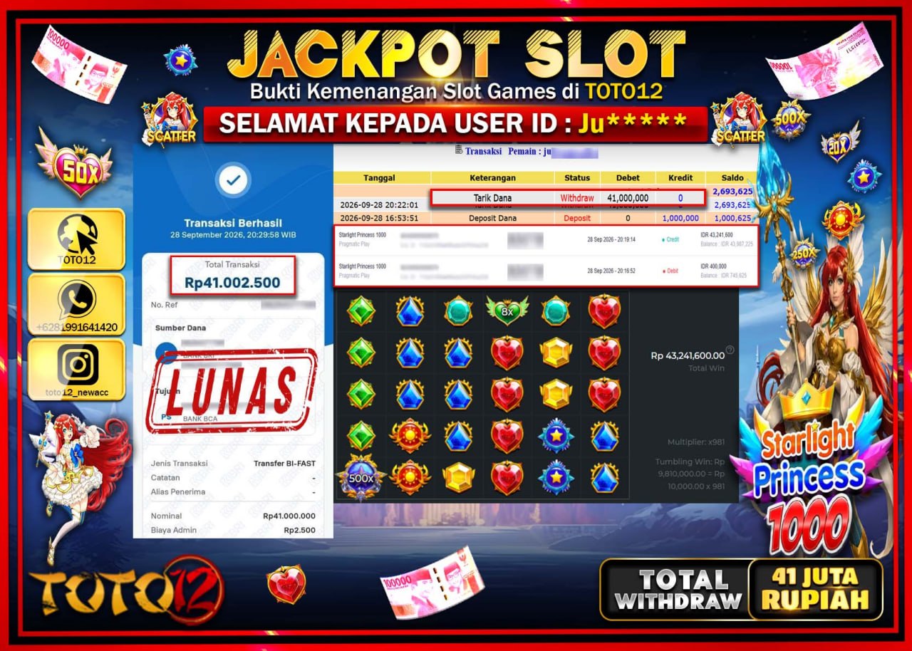 HANYA DI TOTO12 JP PASTI DI BAYAR LUNAS DAN CEPAT!!!!!! JACKPOT SLOT GAME (STARLIGHT PRINCESS 1000) Rp41.000.000!!!!