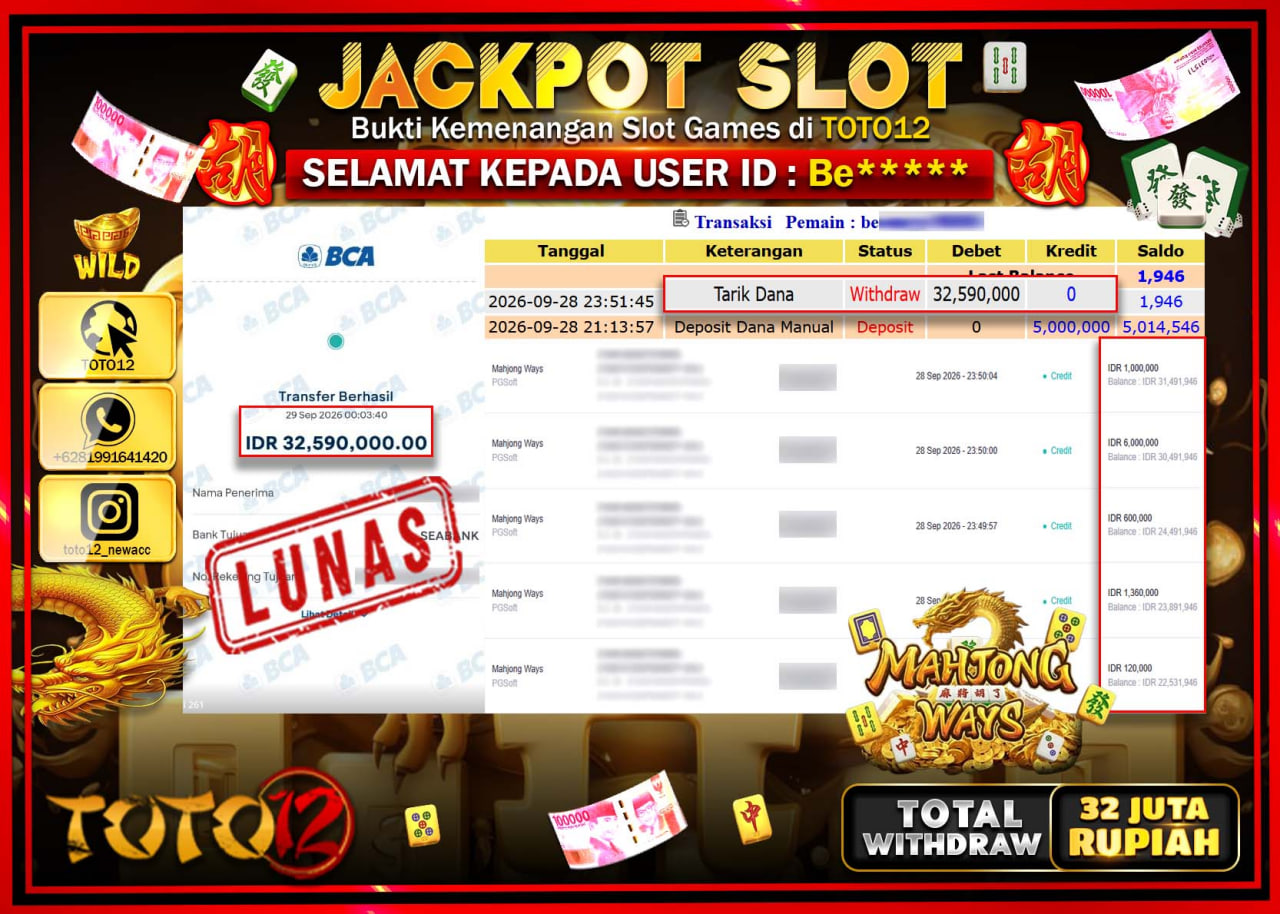 HANYA DI TOTO12 JP PASTI DI BAYAR LUNAS DAN CEPAT!!!!!! JACKPOT SLOT GAME (MAHJONG WAYS) Rp32.000.000!!!!