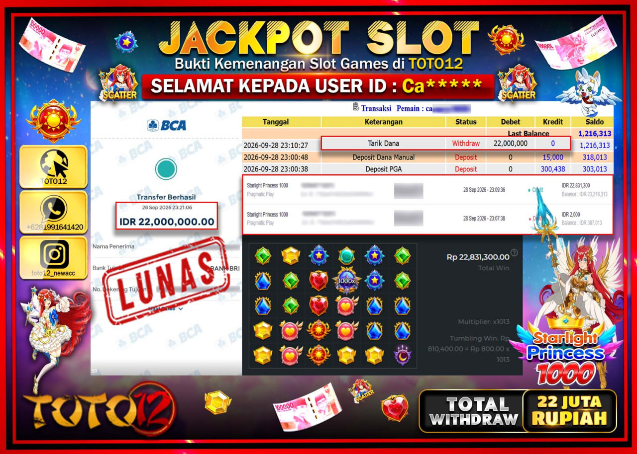 HANYA DI TOTO12 JP PASTI DI BAYAR LUNAS DAN CEPAT!!!!!! JACKPOT SLOT GAME (STARLIGHT PRINCESS 1000) Rp22.000.000!!!!