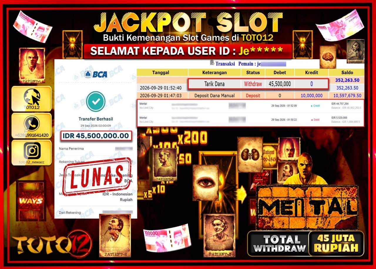 HANYA DI TOTO12 JP PASTI DI BAYAR LUNAS DAN CEPAT!!!!!! JACKPOT SLOT GAME (MENTAL) Rp45.500.000!!!!