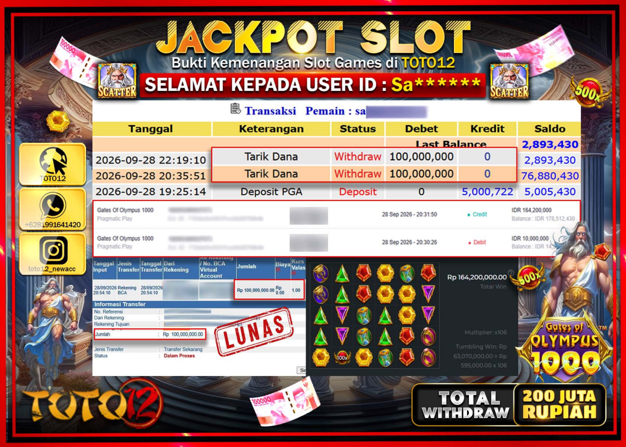 HANYA DI TOTO12 JP PASTI DI BAYAR LUNAS DAN CEPAT!!!!!! JACKPOT SLOT GAME (GATES OF OLYMPUS 1000) Rp200.000.000!!!!