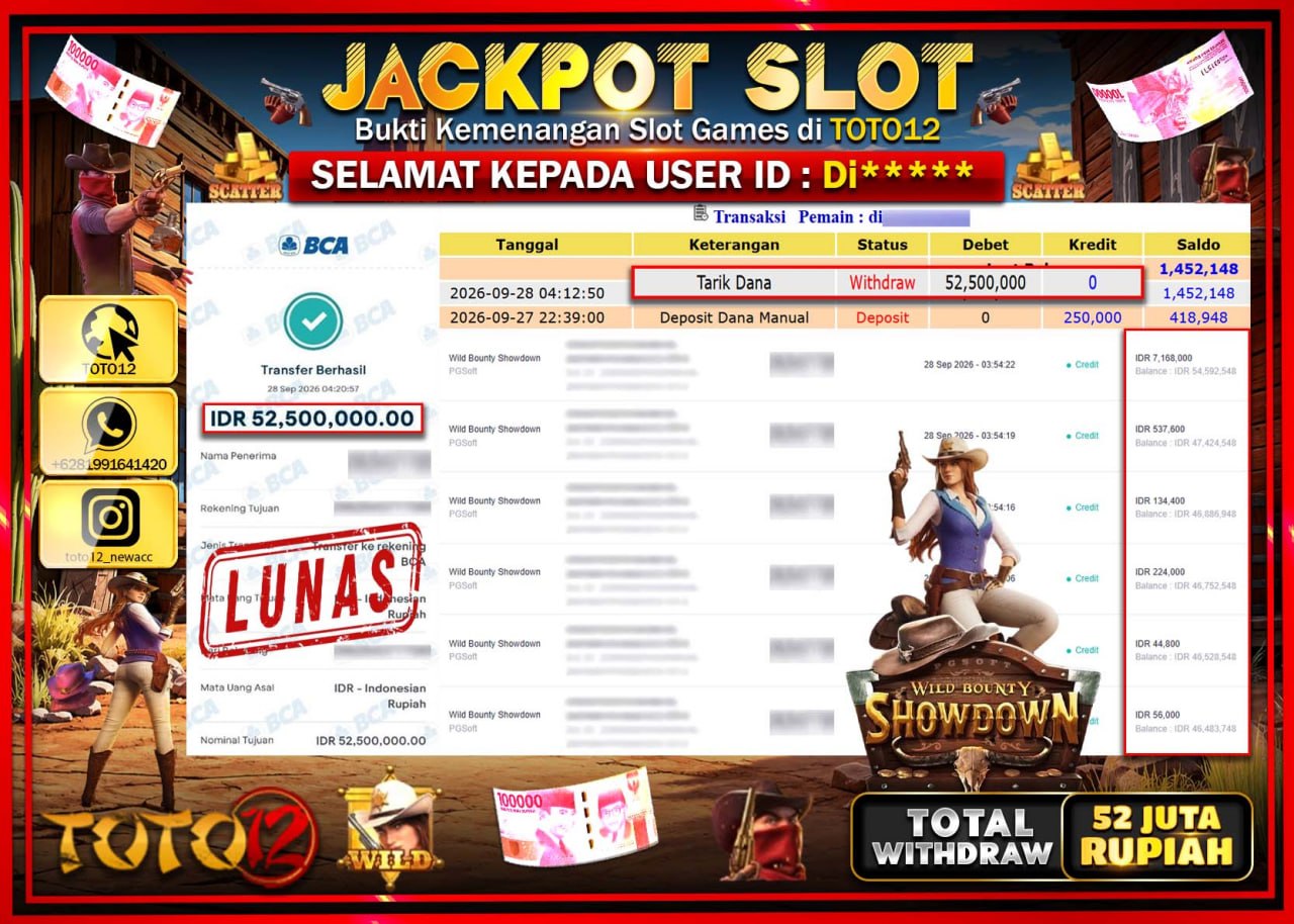 HANYA DI TOTO12 JP PASTI DI BAYAR LUNAS DAN CEPAT!!!!!! JACKPOT SLOT GAME (WILD BOUNTY SHOWDOWN) Rp52.500.000!!!!