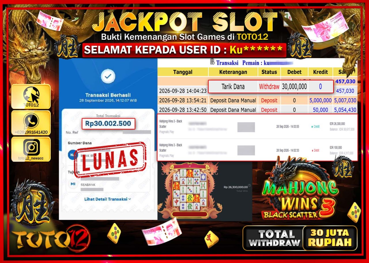 HANYA DI TOTO12 JP PASTI DI BAYAR LUNAS DAN CEPAT!!!!!! JACKPOT SLOT GAME (MAHJONG WINS 3 BLACK SCATTER) Rp30.000.000!!!!