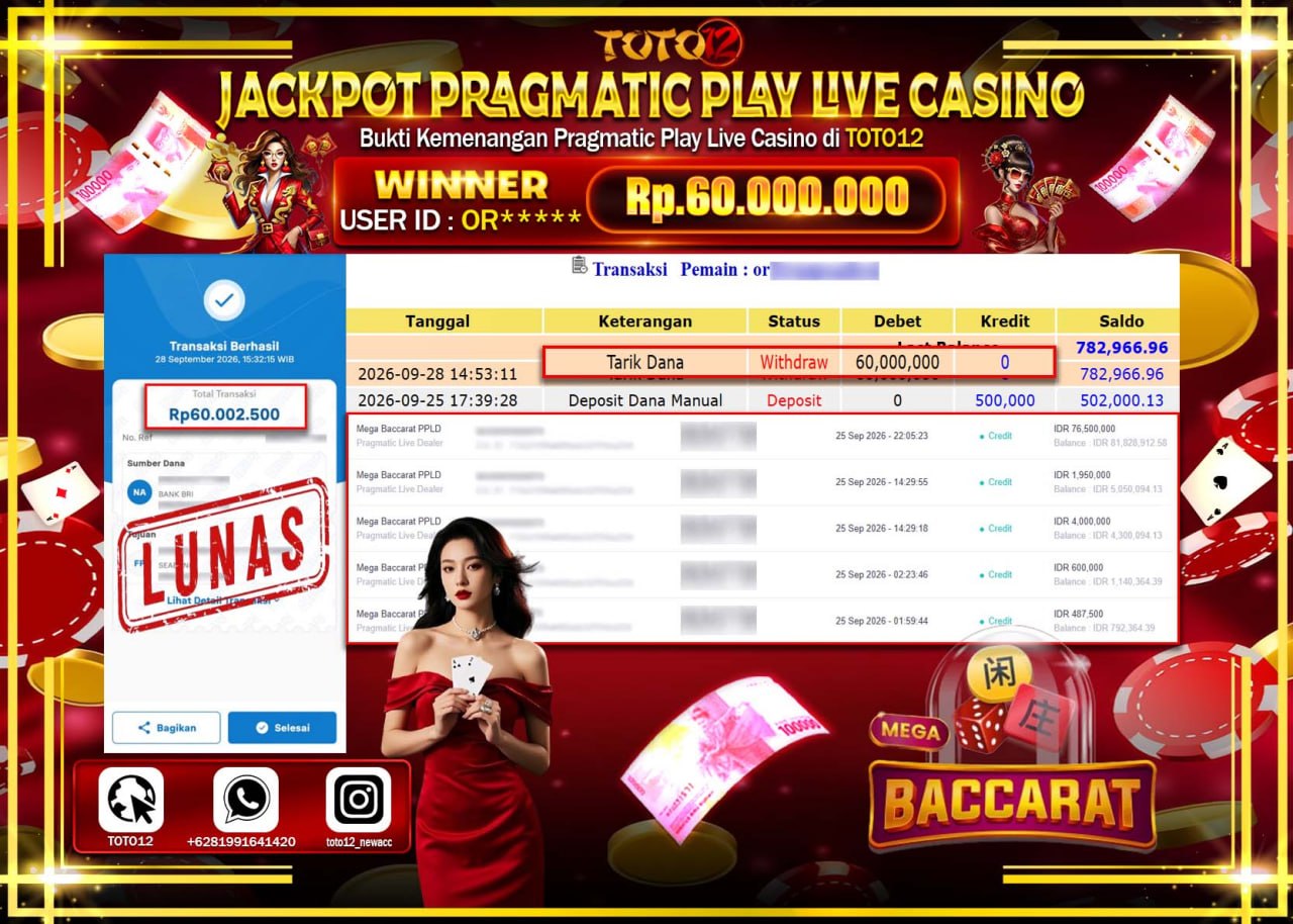 HANYA DI TOTO12 JP PASTI DI BAYAR LUNAS DAN CEPAT!!!!!! JACKPOT PRAGMATIC PLAY LIVE CASINO(MEGA BACCARAT) Rp60.000.000!!!!