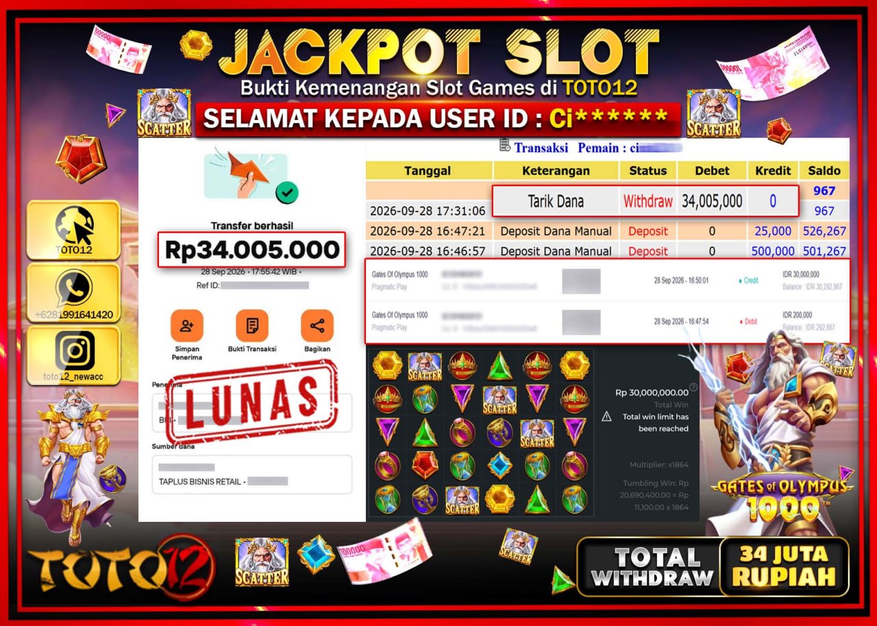 HANYA DI TOTO12 JP PASTI DI BAYAR LUNAS DAN CEPAT!!!!!! JACKPOT SLOT GAME (GATES OF OLYMPUS 1000) Rp34.005.000!!!!