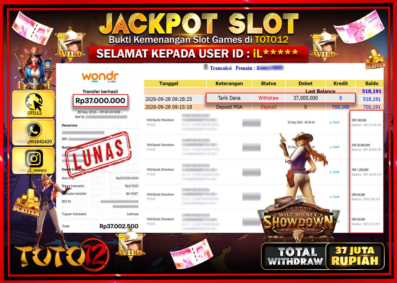 HANYA DI TOTO12 JP PASTI DI BAYAR LUNAS DAN CEPAT!!!!!! JACKPOT SLOT GAME (WILD BOUNTY SHOWDOWN) Rp37.000.000!!!!