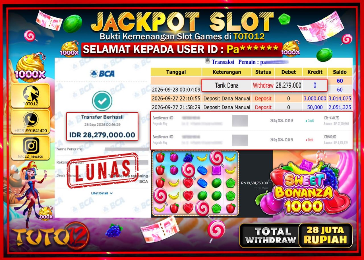 HANYA DI TOTO12 JP PASTI DI BAYAR LUNAS DAN CEPAT!!!!!! JACKPOT SLOT GAME (SWEET BONANZA 1000) Rp28.279.000!!!!