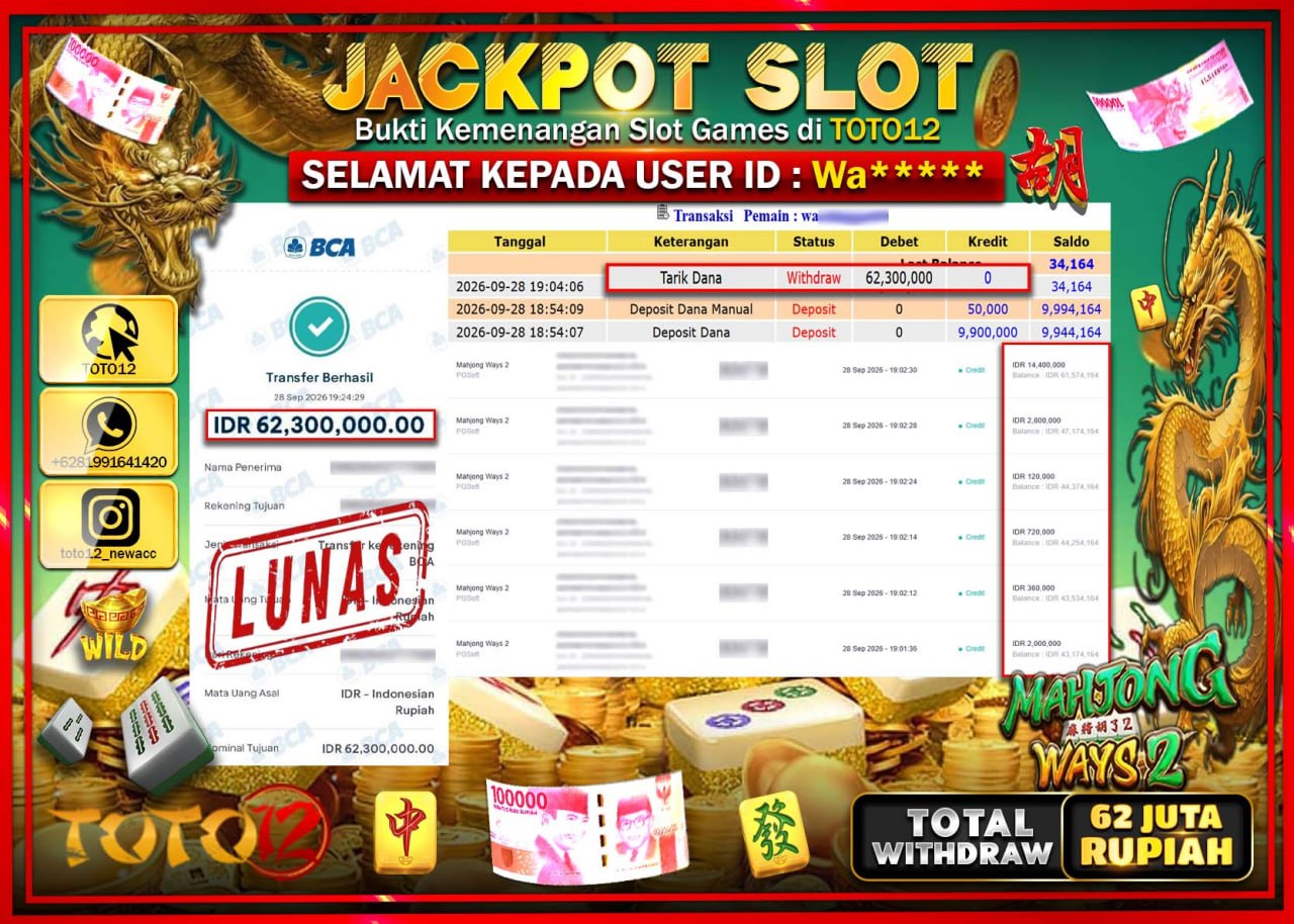 HANYA DI TOTO12 JP PASTI DI BAYAR LUNAS DAN CEPAT!!!!!! JACKPOT SLOT GAME (MAHJONG WAYS 2) Rp62.300.000!!!!