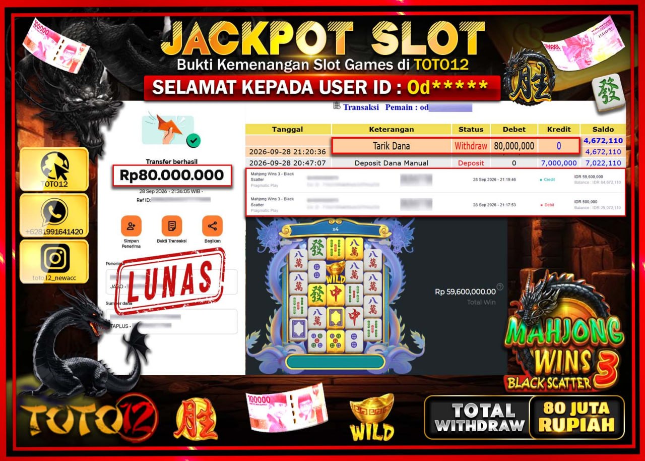 HANYA DI TOTO12 JP PASTI DI BAYAR LUNAS DAN CEPAT!!!!!! JACKPOT SLOT GAME (MAHJONG WINS 3 BLACK SCATTER) Rp80.000.000!!!!