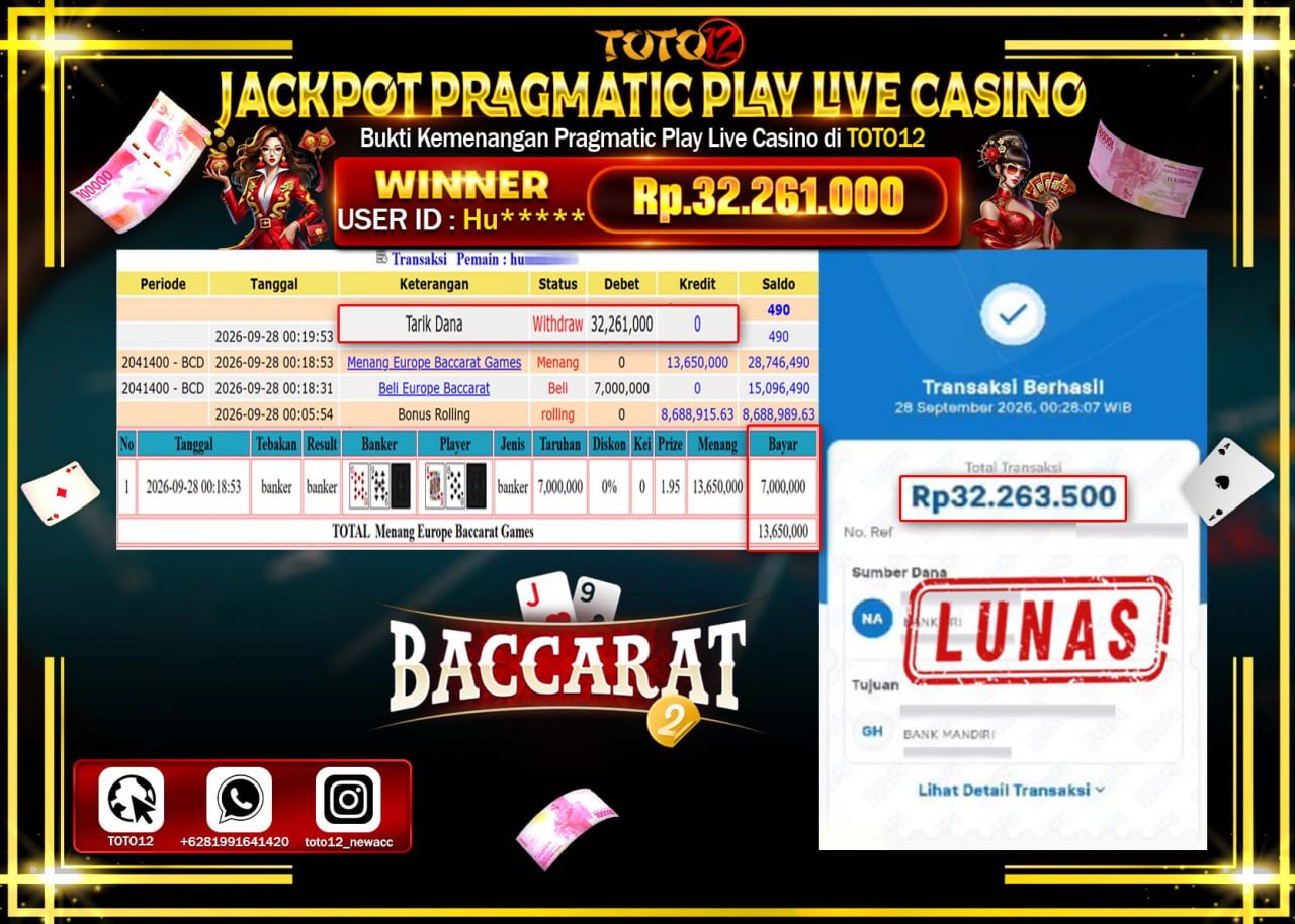 HANYA DI TOTO12 JP PASTI DI BAYAR LUNAS DAN CEPAT!!!!!! JACKPOT PRAGMATIC PLAY LIVE CASINO (EUROPE BACCARAT) Rp32.261.000!!!!