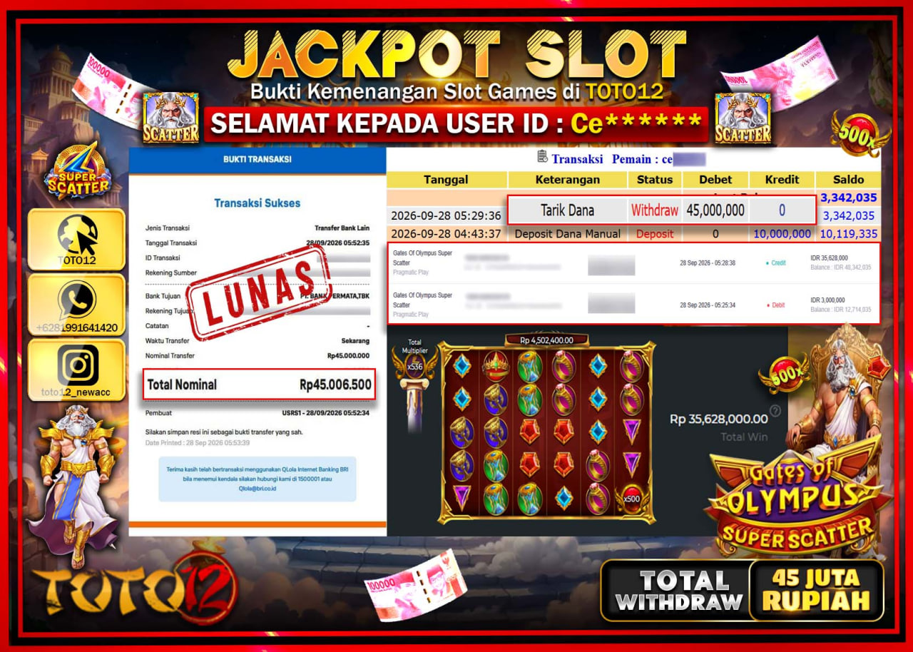 HANYA DI TOTO12 JP PASTI DI BAYAR LUNAS DAN CEPAT!!!!!! JACKPOT SLOT GAME (GATES OF OLYMPUS SUPER SCATTER) Rp45.000.000!!!!
