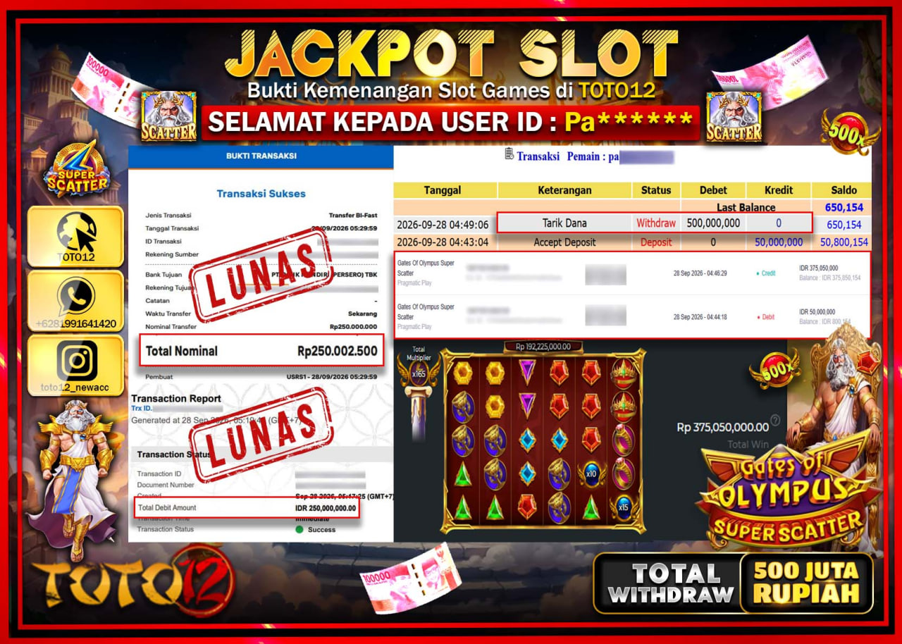 HANYA DI TOTO12 JP PASTI DI BAYAR LUNAS DAN CEPAT!!!!!! JACKPOT SLOT GAME (GATES OF OLYMPUS SUPER SCATTER) Rp500.000.000!!!!