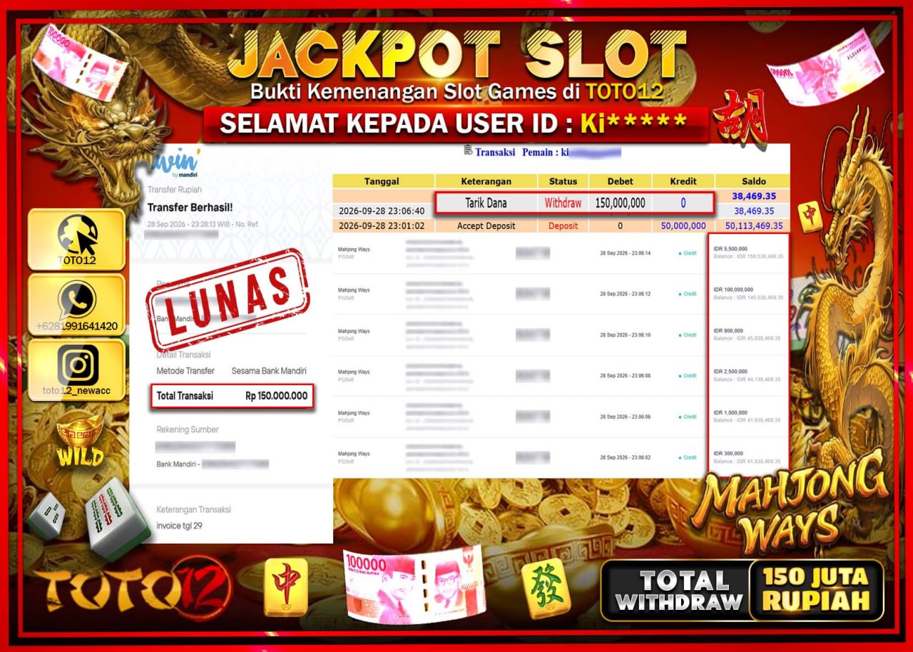 HANYA DI TOTO12 JP PASTI DI BAYAR LUNAS DAN CEPAT!!!!!! JACKPOT SLOT GAME (MAHJONG WAYS) Rp150.000.000!!!!