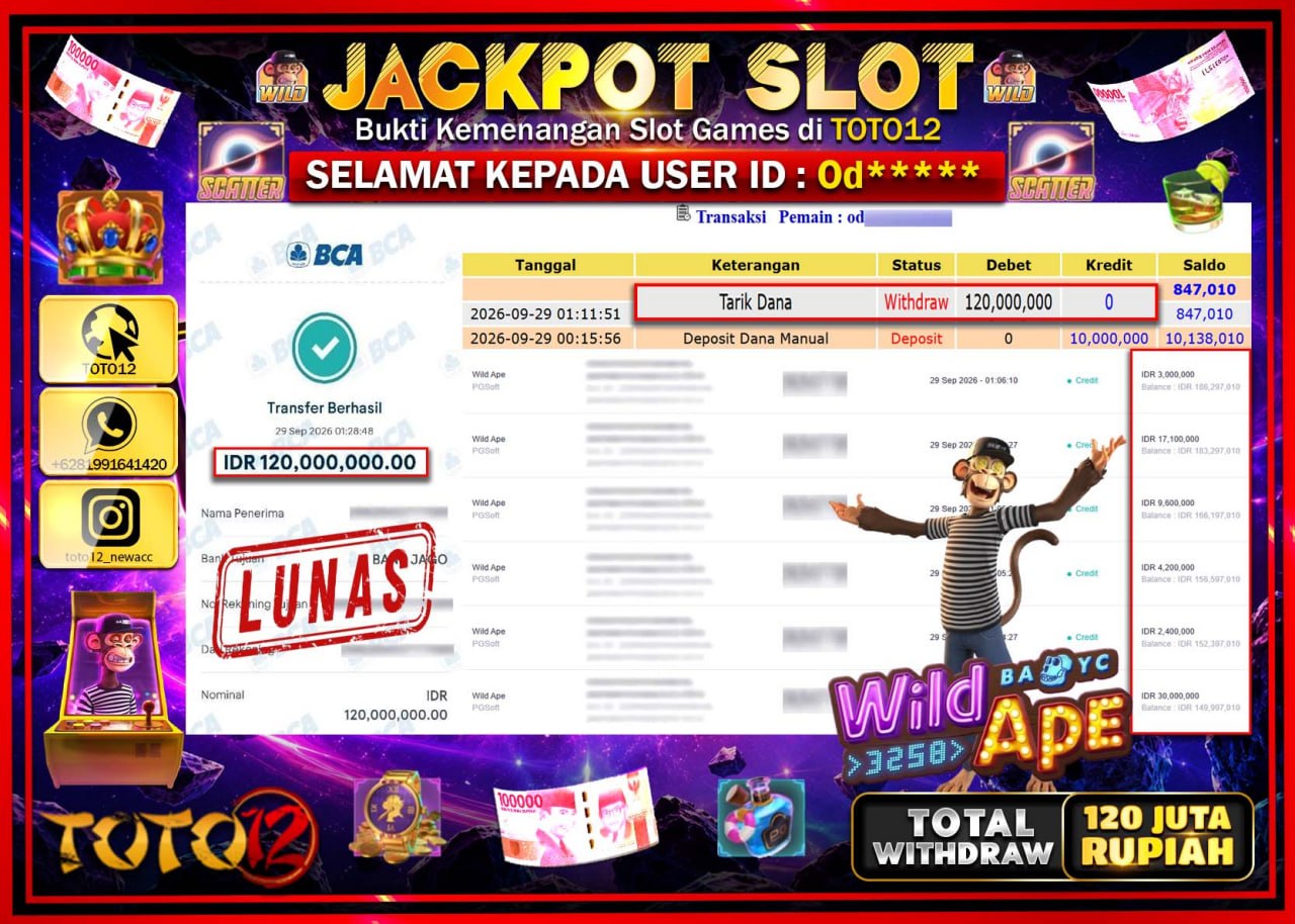 HANYA DI TOTO12 JP PASTI DI BAYAR LUNAS DAN CEPAT!!!!!! JACKPOT SLOT GAME (WILD APE) Rp120.000.000!!!!