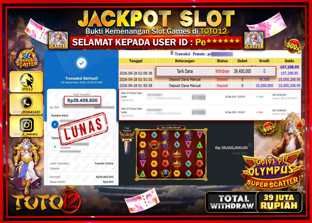 HANYA DI TOTO12 JP PASTI DI BAYAR LUNAS DAN CEPAT!!!!!! JACKPOT SLOT GAME (GATES OF OLYMPUS SUPER SCATTER) Rp39.400.000!!!!