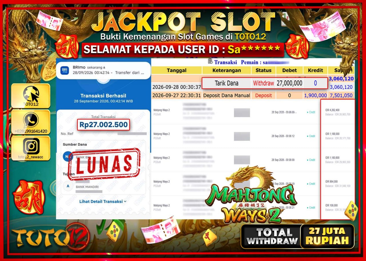HANYA DI TOTO12 JP PASTI DI BAYAR LUNAS DAN CEPAT!!!!!! JACKPOT SLOT GAME (MAHJONG WAYS 2) Rp27.000.000!!!!