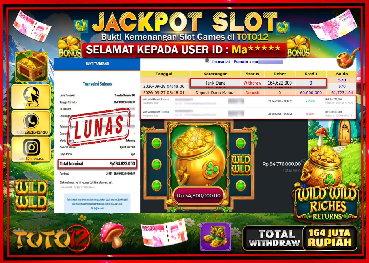 HANYA DI TOTO12 JP PASTI DI BAYAR LUNAS DAN CEPAT!!!!!! JACKPOT SLOT GAME (WILD WILD RICHES) Rp164.622.000!!!!