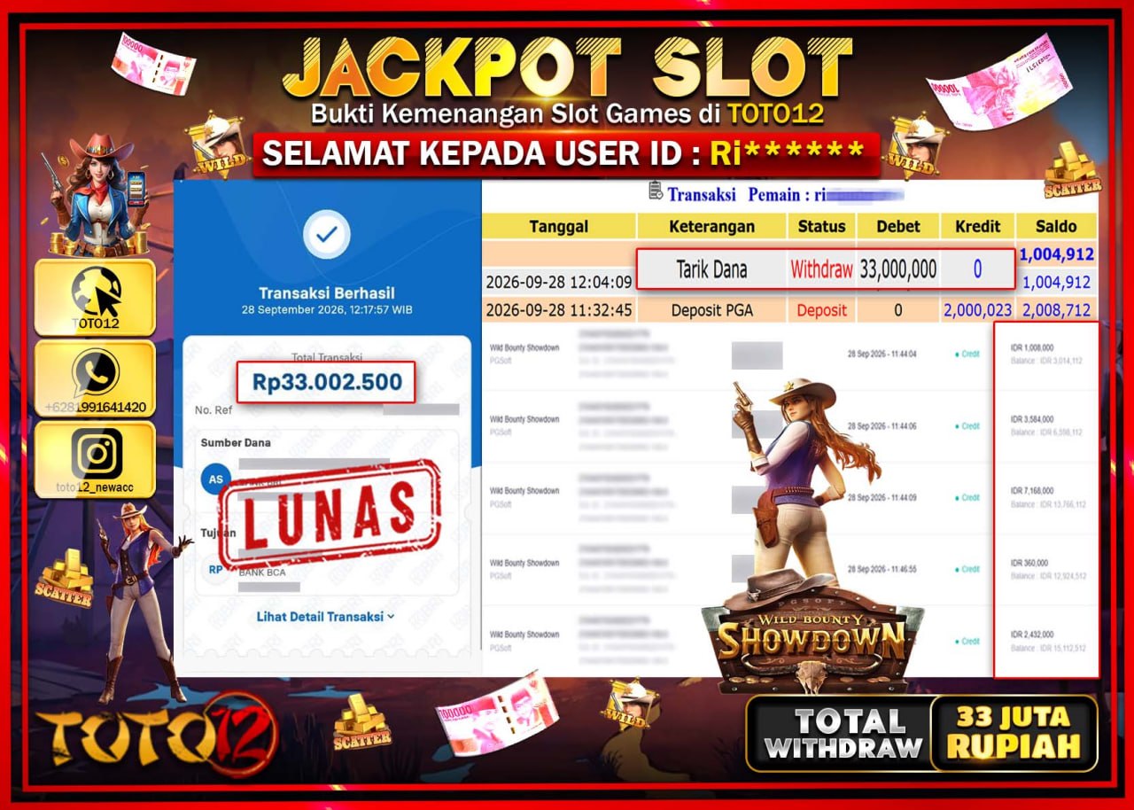 HANYA DI TOTO12 JP PASTI DI BAYAR LUNAS DAN CEPAT!!!!!! JACKPOT SLOT GAME (WILD BOUNTY SHOWDOWN) Rp33.000.000!!!!