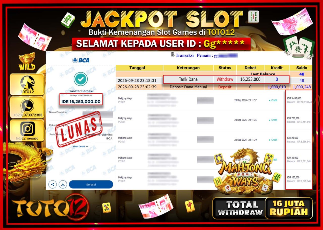 HANYA DI TOTO12 JP PASTI DI BAYAR LUNAS DAN CEPAT!!!!!! JACKPOT SLOT GAME (MAHJONG WAYS) Rp16.253.000!!!!