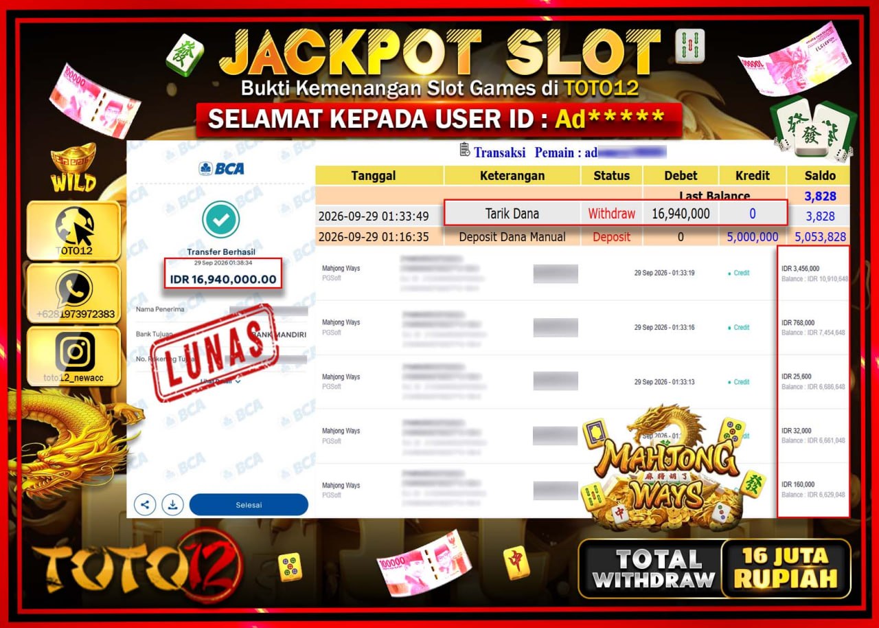 HANYA DI TOTO12 JP PASTI DI BAYAR LUNAS DAN CEPAT!!!!!! JACKPOT SLOT GAME (MAHJONG WAYS) Rp16.940.000!!!!