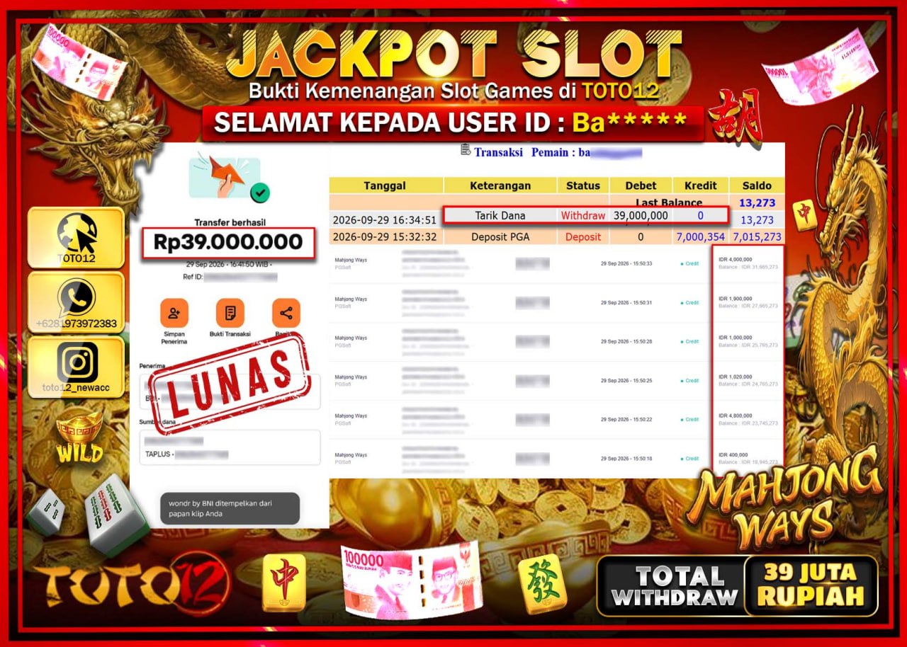 HANYA DI TOTO12 JP PASTI DI BAYAR LUNAS DAN CEPAT!!!!!! JACKPOT SLOT GAME (MAHJONG WAYS) Rp39.000.000!!!!